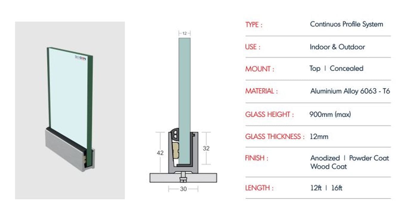 SD 28 Continuous Profile System Aluminum Glass Railing Base Profile for Balcony and Staircase, Indoor and Outdoor Top Mount Design, Durable Finish, Easy Installation for Modern Projects